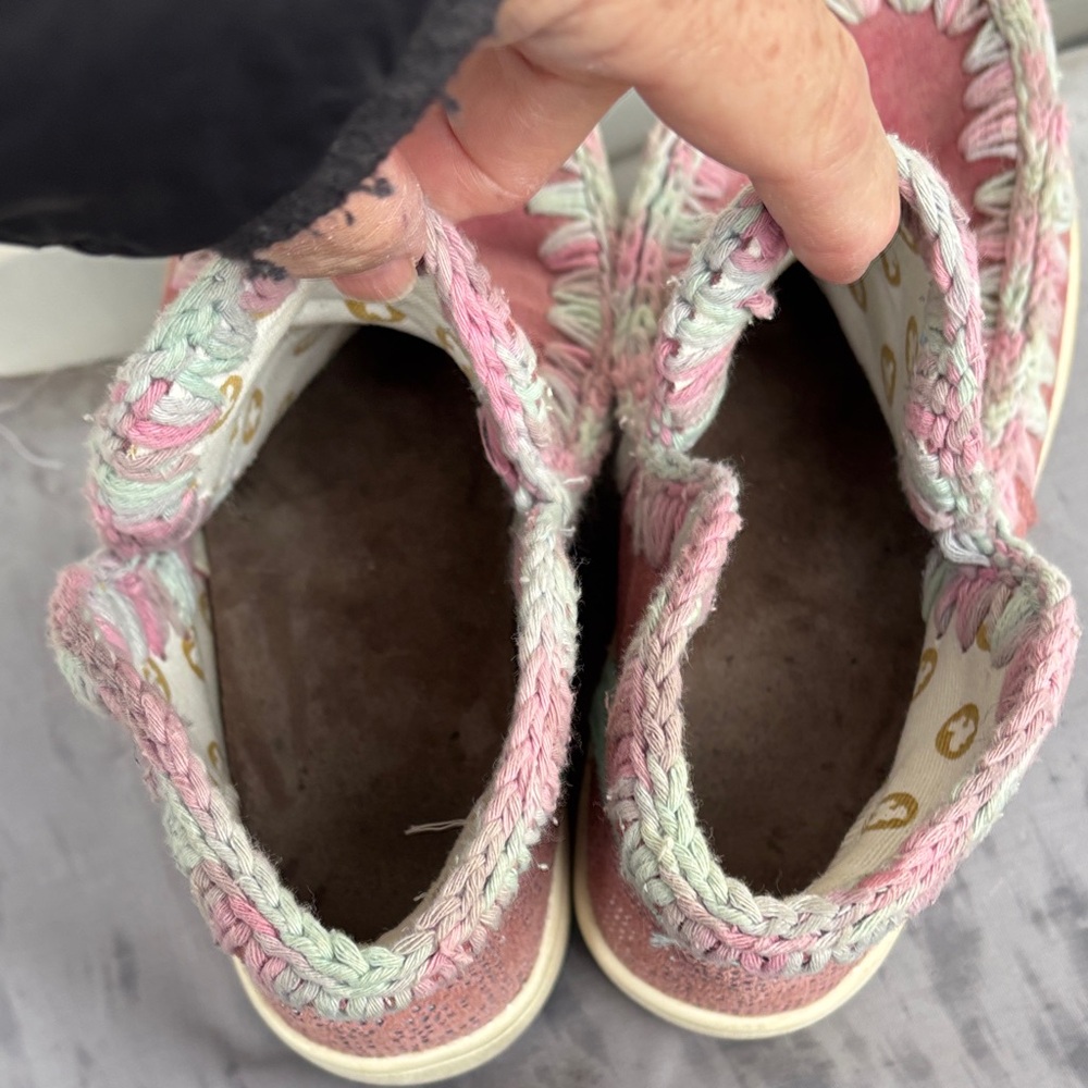 MOU Ladies Pink Suede Slip-On Moccasin Sneakers with Multicolor Crochet Trim-7 - Picture 7 of 10